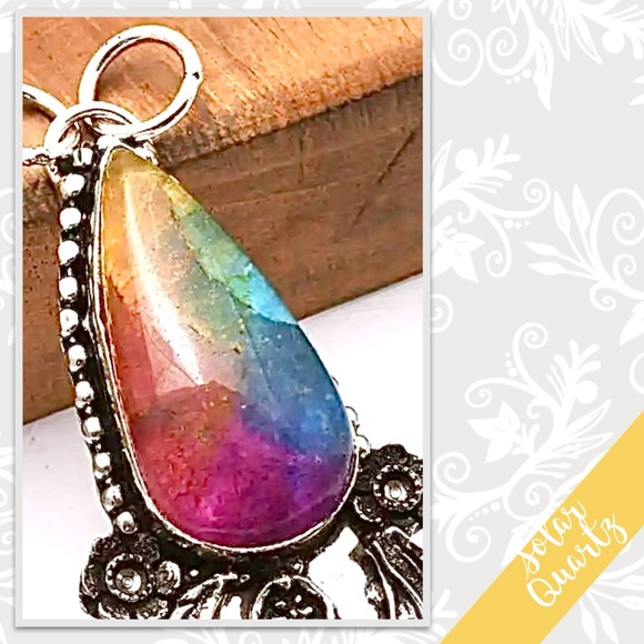 Rainbow Solar Quartz Day of the Dead Silver Artisan Pendant 3.24” (Gold Red Pink